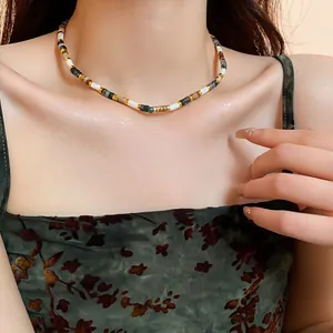 New Chinese Style Retro Alloy Beaded Necklace Multi Color Cylindrical Beads Clavicle Chain For Women Fashion Jewelry Accessory