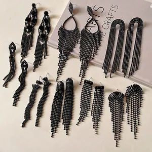Statement Copper Black Rhinestone Tassel Earrings With 925 Sterling Silver Post Long Dangle Geometric Banquet Jewelry For Women
