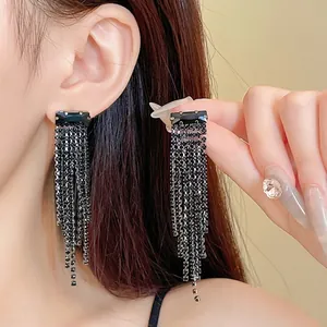 Elegant black rhinestone long tassel earrings for women with a glamorous fringe design.