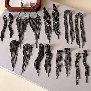 Set of elegant black rhinestone long tassel earrings for a luxury aesthetic look