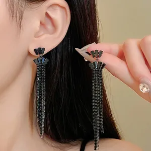 Elegant long black crystal tassel earrings with sparkling rhinestone drop design for women