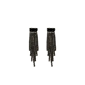 Stunning gunmetal black rhinestone long tassel drop earrings with silver needle