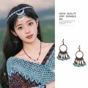 Boucles d'Oreilles Crochet Ethniques Vintage Alliage Pierre Turquoise Artificielle Irrégulière Gland Avec Tige en Argent Or Bleu Femme