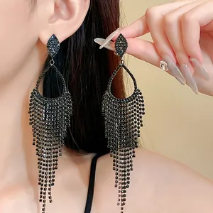 Elegant long black tassel drop earrings with sparkling rhinestones for women, luxury design