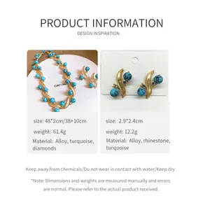 Detail view showing dimensions and materials for vintage turquoise necklace and earrings