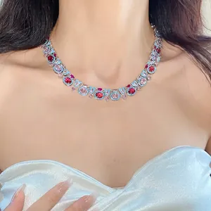 Elegant oval-cut multi-color cubic zirconia palace style collarbone necklace for women