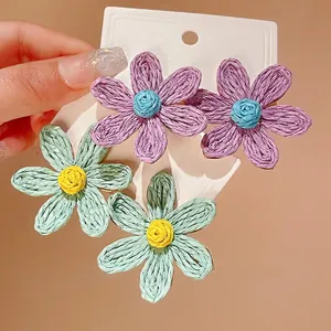 Bohemian Handmade Woven Flower Stud Earrings With 925 Sterling Silver Earring Post Pink Floral Resort Style Vacation Women Jewelry Gift