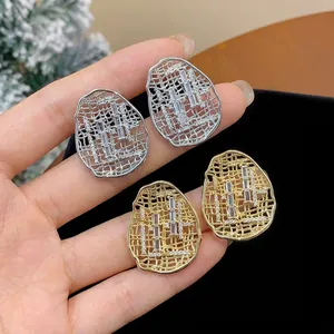 Elegant hollow geometric stud earrings with sparkling rectangular zircon in gold and silver