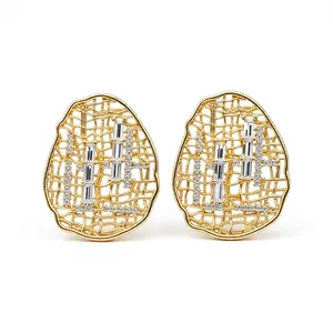 Elegant gold-plated oval hollow mesh stud earrings with sparkling clear zircons