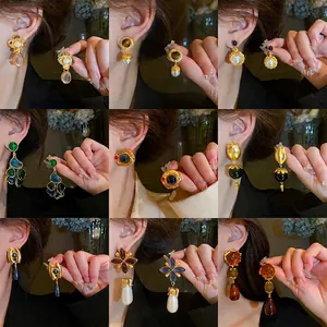 Orecchini Geometrici Vintage Francesi Perno in Argento Sterling 925 Strass Placcati Oro Perle Artificiali Donna