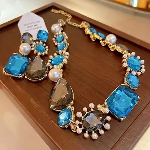 Vintage French luxury waterdrop crystal and pearl necklace earring jewelry set