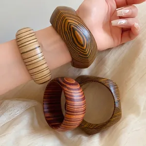 Retro Textured Wood Grain Bangle Fashion Exaggerated Personality Bracelet For Women Niche Bohemian Style Thick Hand Jewelry