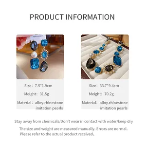Detailed specifications for French vintage blue rhinestone and pearl jewelry set