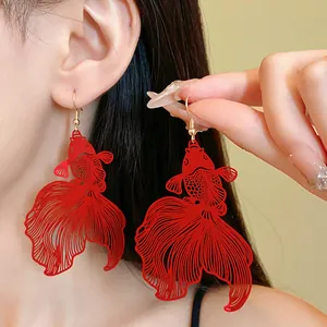 Nuovo Stile Cinese Orecchini a Pendente Grandi Pesce Koi Traforati per Donna Gioielli Vintage in Rame Con Perno in Argento Sterling 925