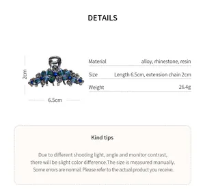 Detailed macro view of an elegant rhinestone floral hair clip with size and material specifications