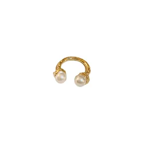 Vintage gold crumpled open ring featuring two elegant white pearls for women's fashion.