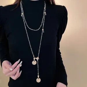 Vintage Bee Coin Pendant Necklace For Women Long Sweater Chain Gold Plated Old Money Rhinestone Layered Necklace Jewelry