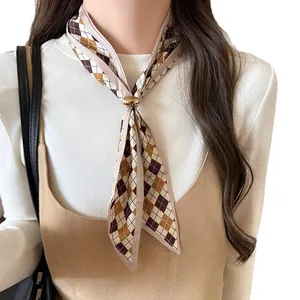 Vintage checkered fabric scarf necklace in Maillard colors with gold ring clasp.