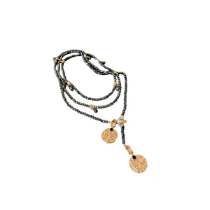Vintage style long sweater chain necklace with bee and gold coin pendants