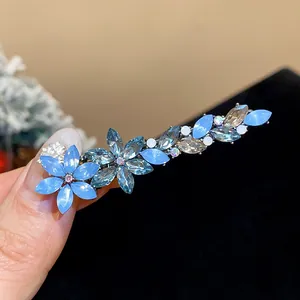 Exquisite blue rhinestone flower hair clip with elegant leaf pattern duckbill design