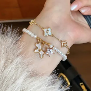 18K Gold Plated Alloy Artificial Pearl Bracelet For Women Rhinestone Pony Star Clover Flower Elegant Charm Bracelet Jewelry