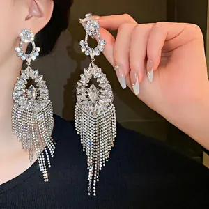 Vintage Flower Waterdrop Long Tassel Drop Earrings Silver Color Alloy Rhinestone Statement Jewelry With 925 Sterling Silver Earring Post For Women Luxury Party Accessory