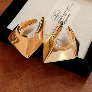 Close-up of chunky gold-plated irregular geometric stud earrings on a jewelry box