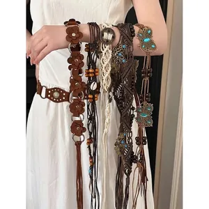 Bohemian ethnic style waist chain belt with wood beads and leather tassels