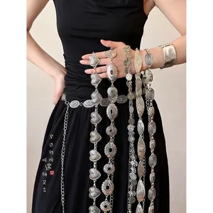 Bohemian ethnic style silver metal waist chain belts with intricate engraved patterns
