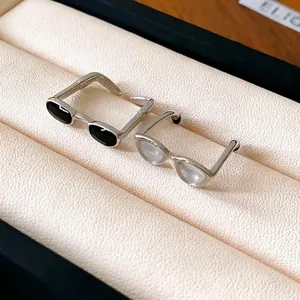 Creative eyeglass-shaped open rings with black and white drip oil lenses for women