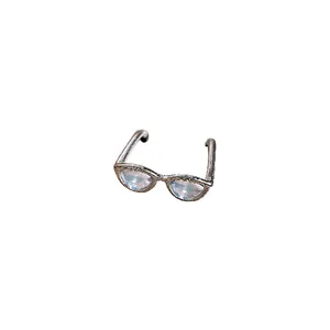 Unique silver eyeglasses shaped open ring with light blue enamel lenses detail