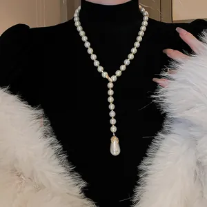 Collana a Y in Perle Artificiali Francese Lusso Leggero per Donna Lega Oro Ciondolo a Goccia d'Acqua con Strass