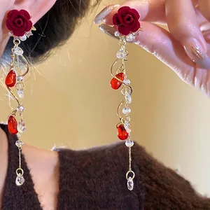 Vintage Sweet Red Flocking Rose Flower Earrings With Artificial Pearl Long Tassel Drop Earrings For Women Elegant Jewelry Gift