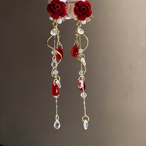 Elegant vintage red velvet rose dangle earrings with pearls and long crystal tassels