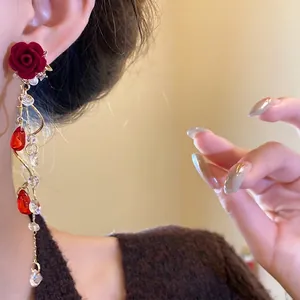 Elegant vintage style red flocked rose and pearl tassel earrings with silver needle studs
