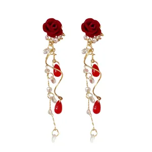 Vintage red flocked rose dangling earrings with pearls and golden tassels for women