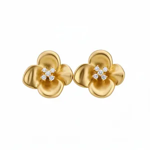 Elegant French vintage gold matte flower stud earrings with sparkling zircon centers