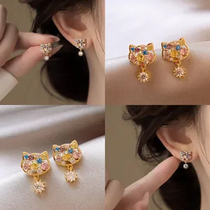 Luxury 18K Gold Plated Cat Stud Earrings Zirconia Silver Earring Post For Women Fashion Jewelry Decoration Accessories
