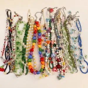 Bunte Blume Herz Perlenkette Für Damen Süßer Frischer Stil Künstliche Perle Smiley Gesicht Anhänger Schlüsselbeinkette Schmuck