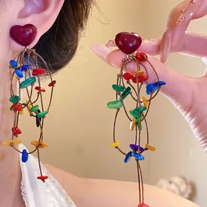 Vintage dark red heart stud earrings featuring vibrant colorful shell bead fringe tassels