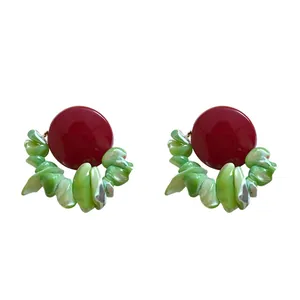 Vintage style silver needle earrings with red studs and green shell cluster accents