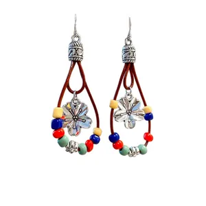 Vintage Bohemian ethnic drop earrings with colorful beads and silver flower charms