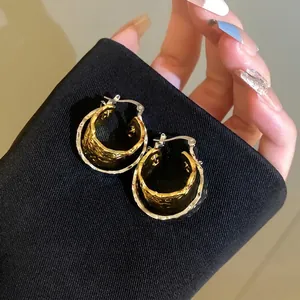 Creative Pleated Circle Double Layer Ear Buckle Earrings Metallic Gold Silver Contrast 925 Sterling Silver Post Geometric Earrings For Women