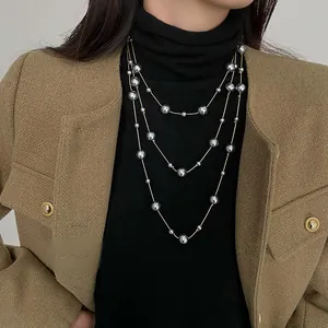 Collana Lunga di Perle Artificiali Vintage Francese Catena per Maglione Geometrica Multistrato Gioielli Eleganti Donna