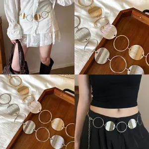 European American Style Round Disc Pleated Texture Adjustable Metal Waist Chain For Women Fashion Decorative Jewelry Belt