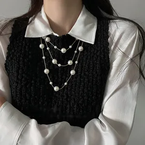 Collana di perle lunga a più strati stile francese catena vintage da donna