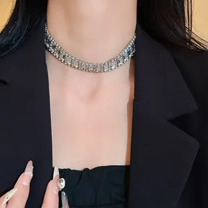 Elegant geometric silver-tone choker necklace with sparkling rhinestones for women