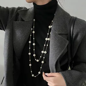 Elegante collana lunga di perle vintage francese, catena maglione geometrica da donna