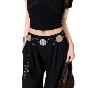 Fashionable adjustable silver waist chain featuring textured round metal discs for women