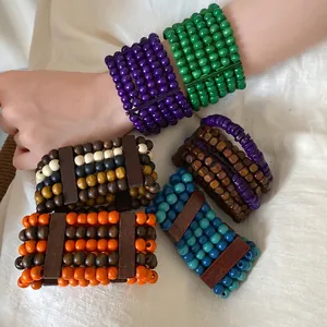 Vintage Ethnic Multi-layer Wood Bead Bracelet For Women Bohemian Handmade Stretch Strand Bangle Retro Personality Jewelry Gift